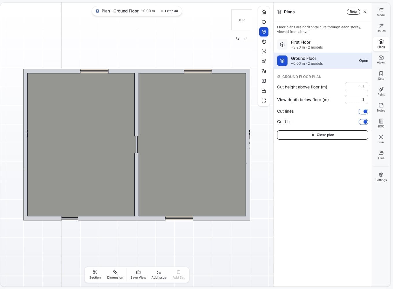 Ground floor plan of the sample office showing cut walls, door and window openings, and the Plans panel