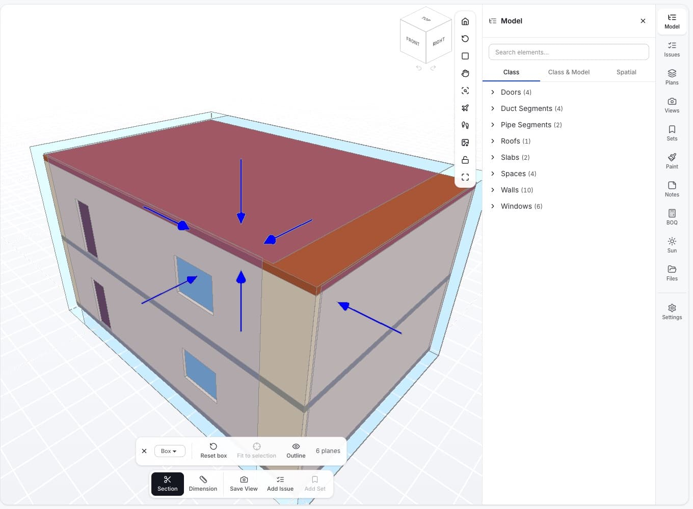 BIM Workspace viewer with a section box around a two-storey office and the model tree listing doors, walls and windows