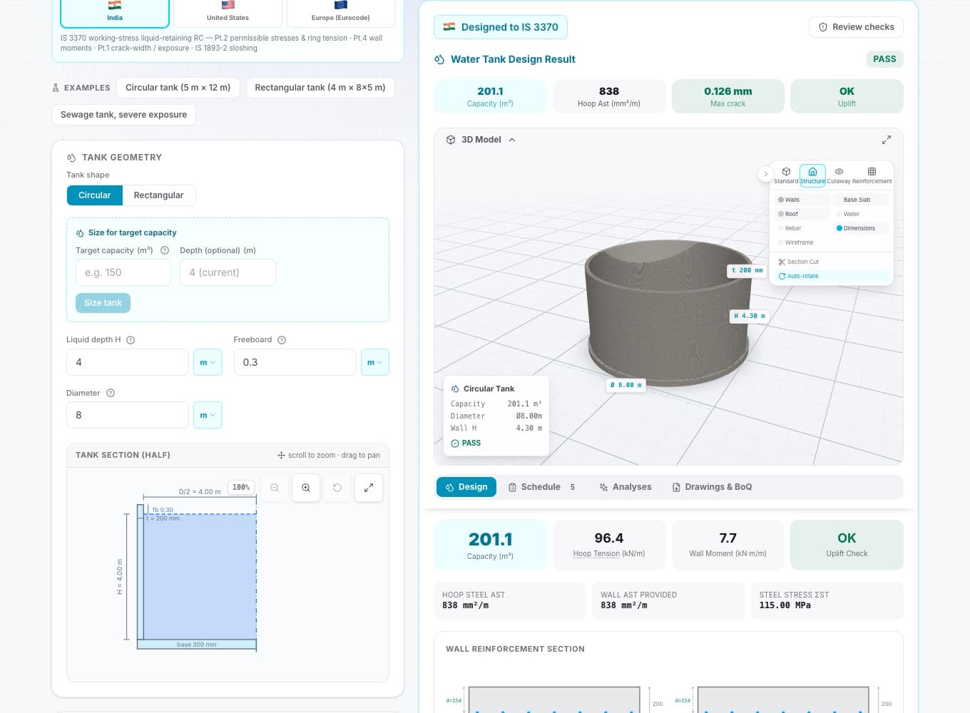 Water Tank Design in CivilTech Studio, showing a worked example with its results